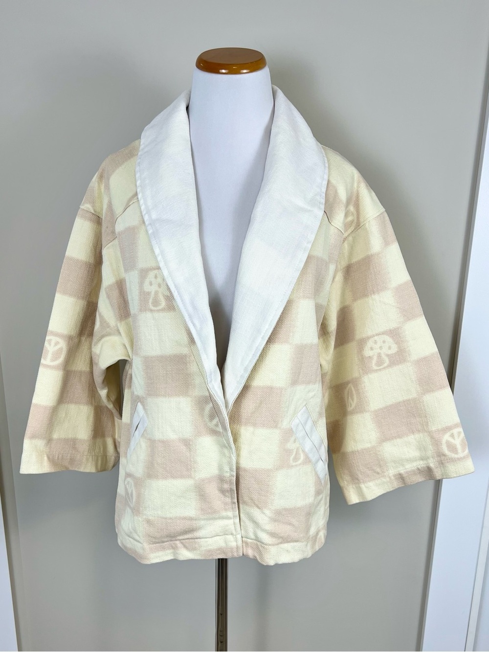Urban Outfitters Cream & Beige Checkered Shawl Collar Jacket